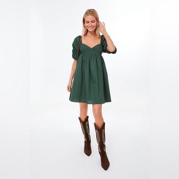 Tuckernuck X Hyacinth House | Emerald Green Puff Sleeve Sasha Mini Boho Dress XS - Picture 2 of 13